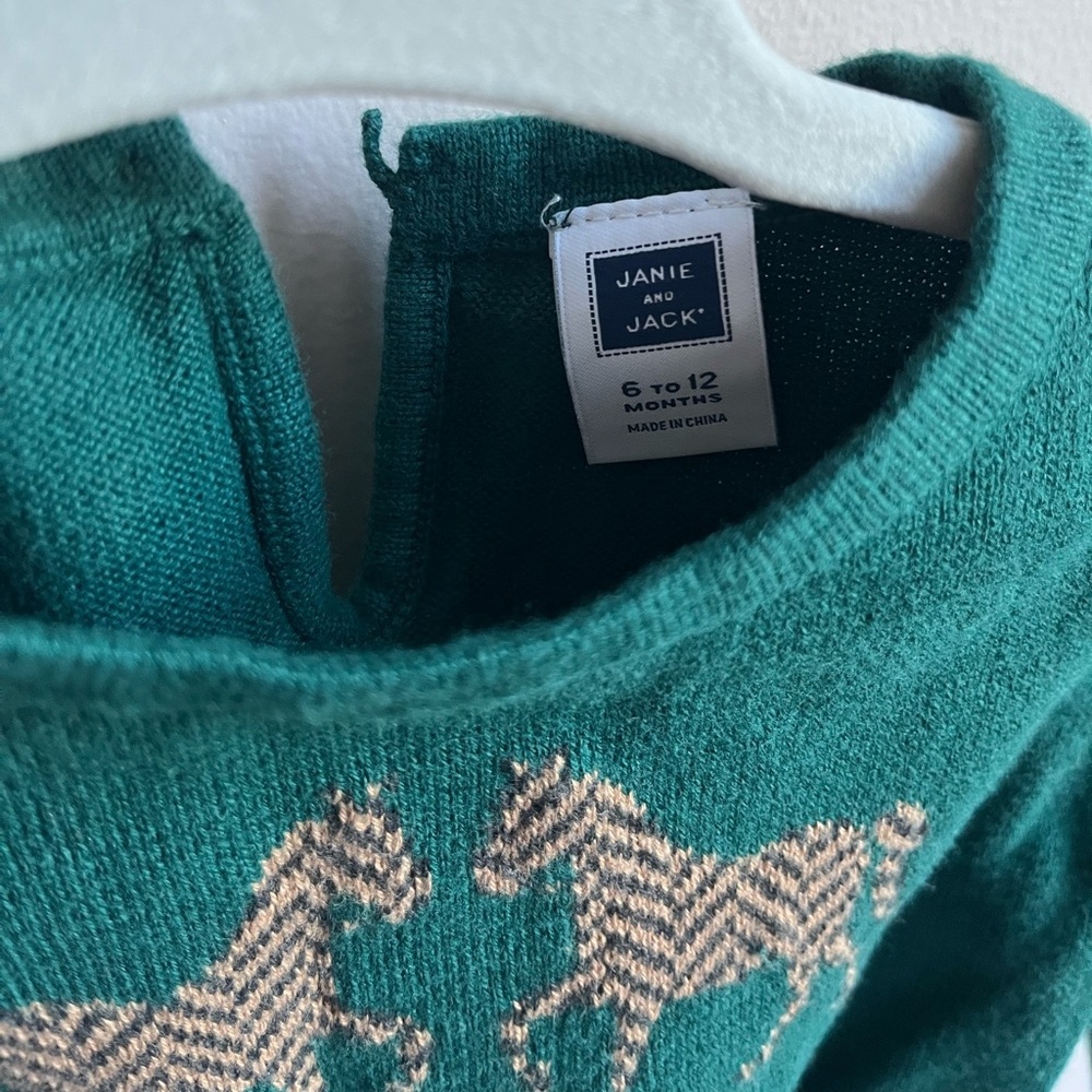 Janie and Jack Dark Green & Brown Horse Sweater | Size 6-12 Months - Picture 2 of 3